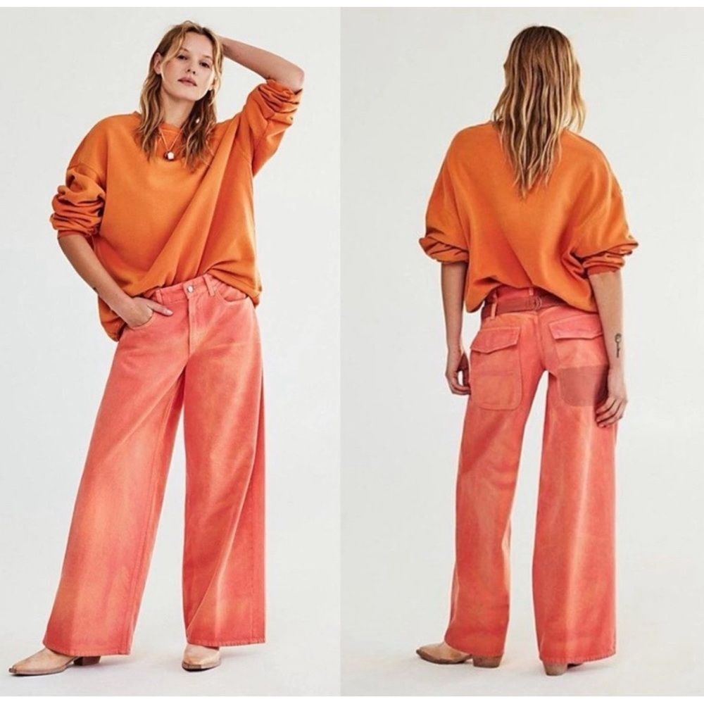 NWT Free People We The Free Waterfalls Baggy Wide Leg Jeans Orange Size 26S